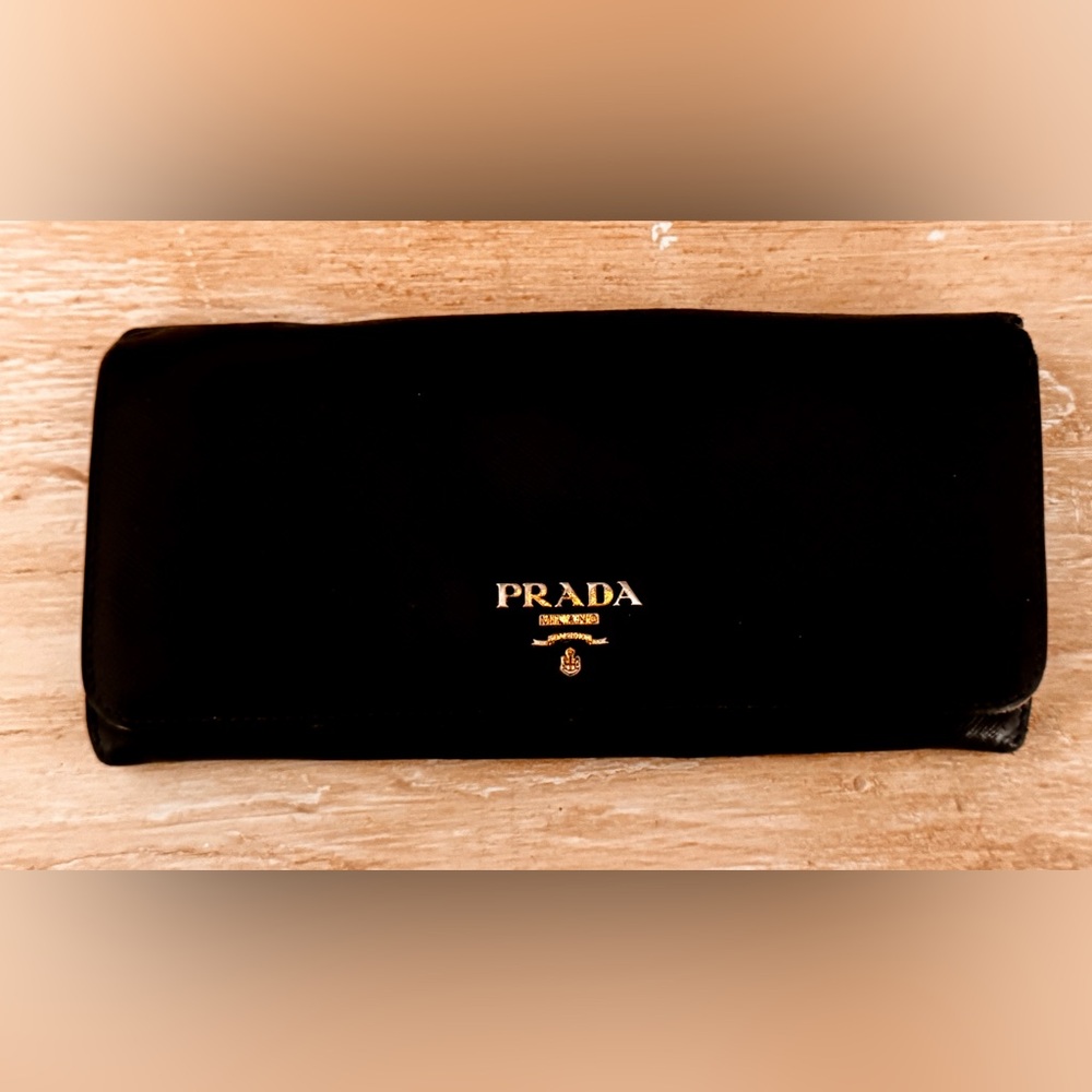 Prada Black and Gold Logo Wallet Double button